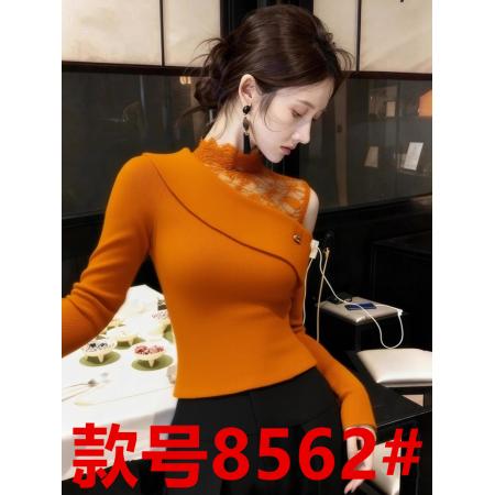 FA47590# 橙色蕾丝拼接露肩上衣女冬季小众不撞款独特漂亮修身显瘦毛衣  服裝批發女裝批發服飾貨源