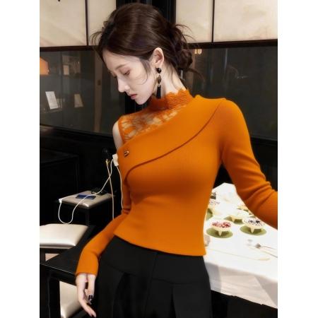 FA47590# 橙色蕾丝拼接露肩上衣女冬季小众不撞款独特漂亮修身显瘦毛衣  服裝批發女裝批發服飾貨源