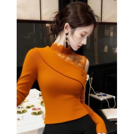 FA47590# 橙色蕾丝拼接露肩上衣女冬季小众不撞款独特漂亮修身显瘦毛衣  服裝批發女裝批發服飾貨源