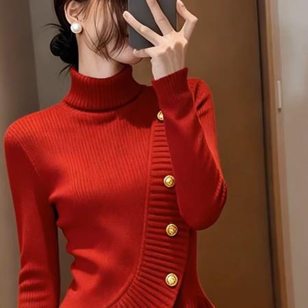 FA47591# 卡其色毛衣女秋高端时髦洋气小众设计感巨好看掐腰荷叶边针织上衣  服裝批發女裝批發服飾貨源