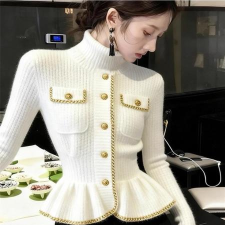 小香风白色高领毛衣女秋冬新款时髦洋气时尚气质掐腰针织上衣  服裝批發女裝批發服飾貨源