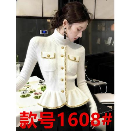 FA47592# 小香风白色高领毛衣女秋冬新款时髦洋气时尚气质掐腰针织上衣  服裝批發女裝批發服飾貨源
