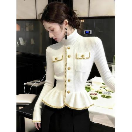 FA47592# 小香风白色高领毛衣女秋冬新款时髦洋气时尚气质掐腰针织上衣  服裝批發女裝批發服飾貨源