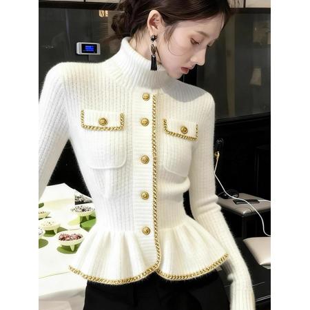 FA47592# 小香风白色高领毛衣女秋冬新款时髦洋气时尚气质掐腰针织上衣  服裝批發女裝批發服飾貨源