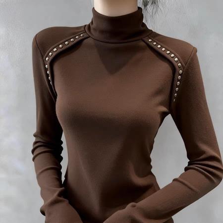 FA47593# 棕色高领德绒打底衫内搭女秋冬季小众设计高级感轻熟气质保暖上衣  服裝批發女裝批發服飾貨源