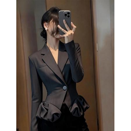 FA47594# 巨好看的早秋外套新款高端时髦洋气独特漂亮气质掐腰黑色上衣  服裝批發女裝批發服飾貨源