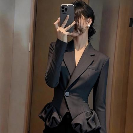 FA47594# 巨好看的早秋外套新款高端时髦洋气独特漂亮气质掐腰黑色上衣  服裝批發女裝批發服飾貨源