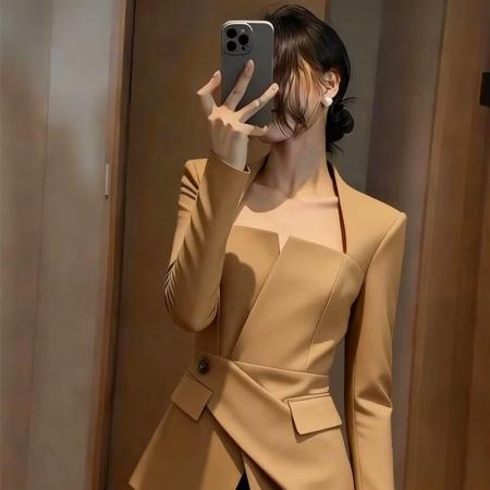 FA47595# 巨好看的早秋外套高端时髦洋气独特漂亮气质掐腰卡其色上衣女  服裝批發女裝批發服飾貨源