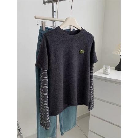 FA47599# 德绒特大码300斤小绿怪长袖T恤女条纹假两件打底秋冬  服裝批發女裝批發服飾貨源