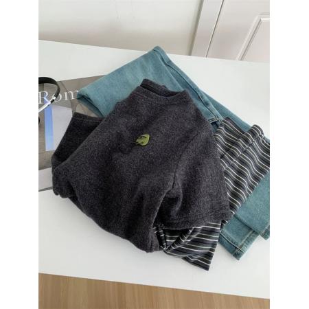 FA47599# 德绒特大码300斤小绿怪长袖T恤女条纹假两件打底秋冬  服裝批發女裝批發服飾貨源