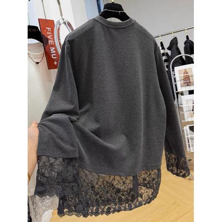 FA47600# 德绒特大码300斤蕾丝拼接磨毛德绒长袖T恤女秋冬上衣  服裝批發女裝批發服飾貨源