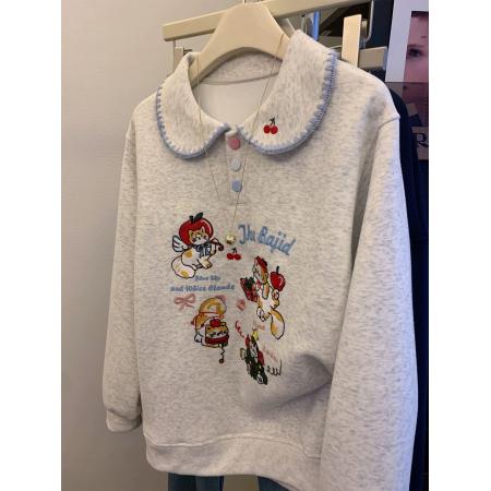 FA47601# 华棉复合特大码300斤刺绣猫咪polo翻领卫衣女  服裝批發女裝批發服飾貨源