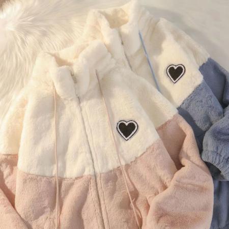 FA47604# 羊羔毛爱心外套少女冬季新款初中高中学生韩版宽松加厚棉服  服裝批發女裝批發服飾貨源