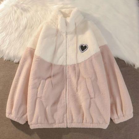FA47604# 羊羔毛爱心外套少女冬季新款初中高中学生韩版宽松加厚棉服  服裝批發女裝批發服飾貨源