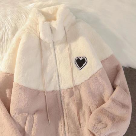FA47604# 羊羔毛爱心外套少女冬季新款初中高中学生韩版宽松加厚棉服  服裝批發女裝批發服飾貨源