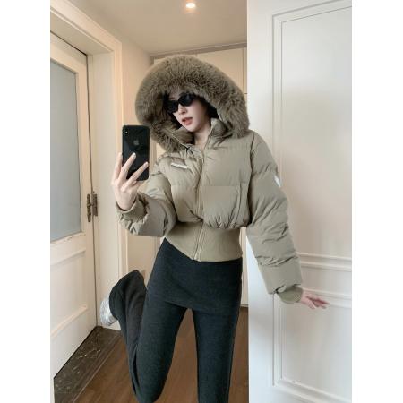 FA47609# 花花短款收腰修身仿白鸭绒保暖加厚毛边连帽面包服外套女  服裝批發女裝批發服飾貨源