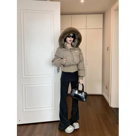 FA47609# 花花短款收腰修身仿白鸭绒保暖加厚毛边连帽面包服外套女  服裝批發女裝批發服飾貨源