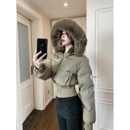 FA47609# 花花短款收腰修身仿白鸭绒保暖加厚毛边连帽面包服外套女  服裝批發女裝批發服飾貨源