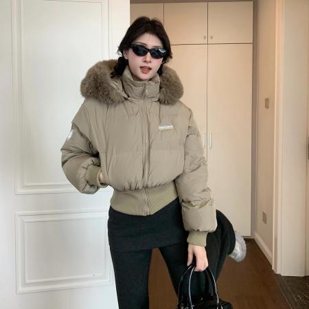 FA47609# 花花短款收腰修身仿白鸭绒保暖加厚毛边连帽面包服外套女  服裝批發女裝批發服飾貨源