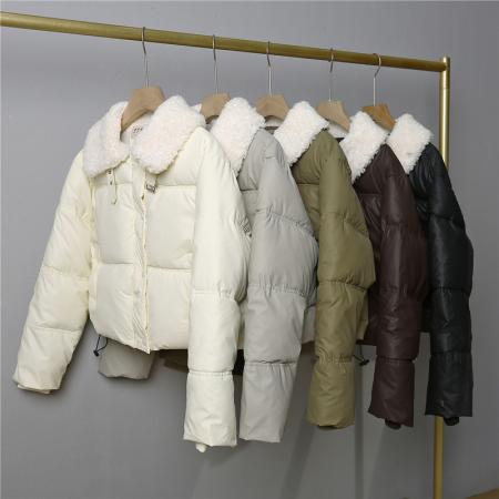 FA47611# 爆款立领羊羔毛设计感PU质感短款羽绒棉服保暖时尚冬季外套女  服裝批發女裝批發服飾貨源