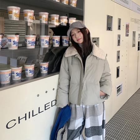 FA47611# 爆款立领羊羔毛设计感PU质感短款羽绒棉服保暖时尚冬季外套女  服裝批發女裝批發服飾貨源