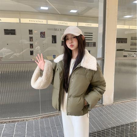 FA47611# 爆款立领羊羔毛设计感PU质感短款羽绒棉服保暖时尚冬季外套女  服裝批發女裝批發服飾貨源