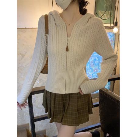 FA47613# 安迪绒麻花连帽加厚拉链毛衣开衫外套女早春高级感软糯针织衫上衣  服裝批發女裝批發服飾貨源