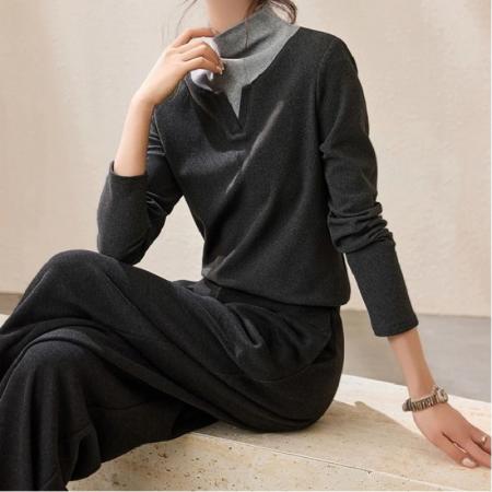 FA47614# 秋冬新款半高领长袖T恤女设计感小众假两件修身显瘦内搭上衣  服裝批發女裝批發服飾貨源