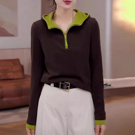 FA47616# 韩系秋冬季新款撞色假两件连帽半拉链套头长袖卫衣女显瘦百搭上衣  服裝批發女裝批發服飾貨源