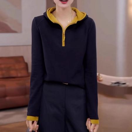 FA47616# 韩系秋冬季新款撞色假两件连帽半拉链套头长袖卫衣女显瘦百搭上衣  服裝批發女裝批發服飾貨源