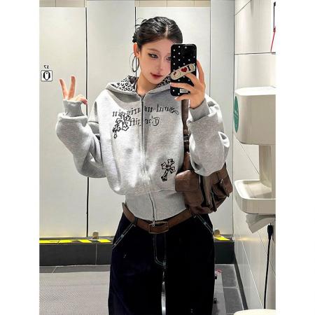 FA47618# 美式复古十字架豹纹连帽开衫卫衣外套女新款秋冬短款帽衫上衣  服裝批發女裝批發服飾貨源