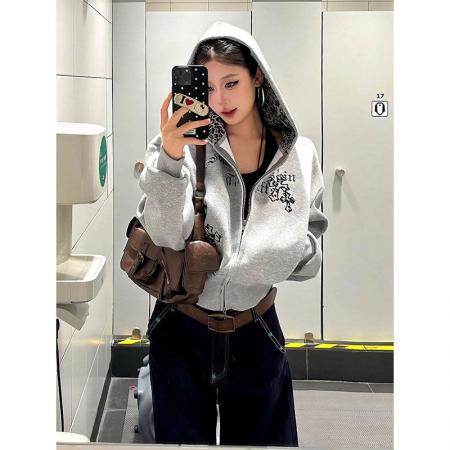 FA47618# 美式复古十字架豹纹连帽开衫卫衣外套女新款秋冬短款帽衫上衣  服裝批發女裝批發服飾貨源