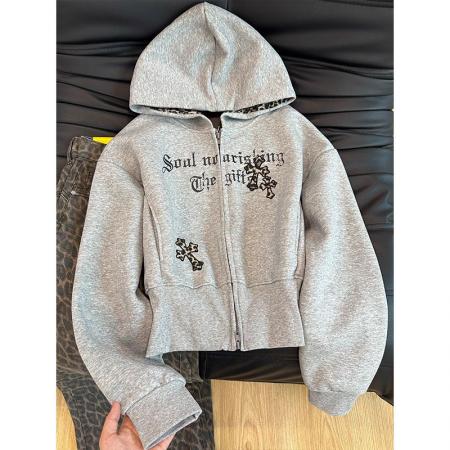 FA47618# 美式复古十字架豹纹连帽开衫卫衣外套女新款秋冬短款帽衫上衣  服裝批發女裝批發服飾貨源