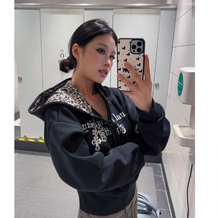 FA47618# 美式复古十字架豹纹连帽开衫卫衣外套女新款秋冬短款帽衫上衣  服裝批發女裝批發服飾貨源