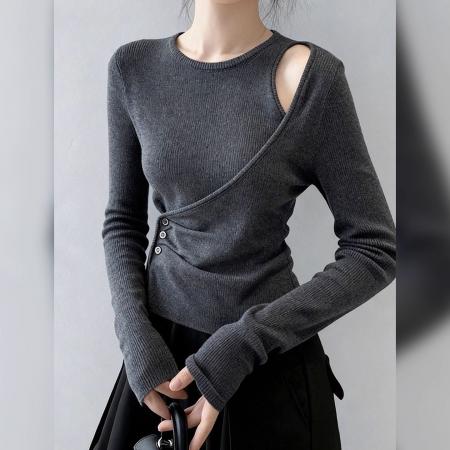 套头修身秋装针织衫流行简约小众设计感长袖打底衫纯色上衣女  服裝批發女裝批發服飾貨源