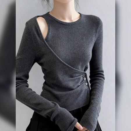 FA47619# 套头修身秋装针织衫流行简约小众设计感长袖打底衫纯色上衣女  服裝批發女裝批發服飾貨源