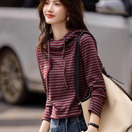 FA47620# 时尚高端秋季新款条纹长袖打底衫t恤上衣舒适连帽设计感  服裝批發女裝批發服飾貨源