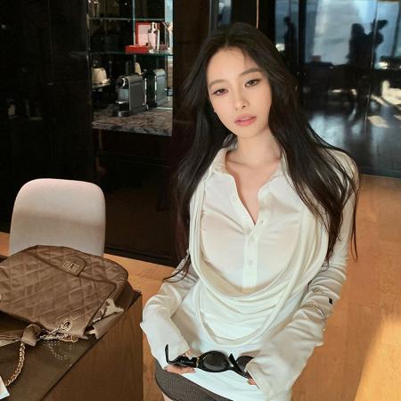 FA47622# 人棉秋荡领拼接假两件修身长袖T恤衬衫女设计感气质上衣  服裝批發女裝批發服飾貨源