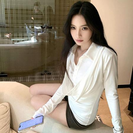 FA47622# 人棉秋荡领拼接假两件修身长袖T恤衬衫女设计感气质上衣  服裝批發女裝批發服飾貨源