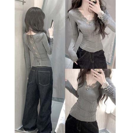 FA47623# 人棉秋辣妹T恤蕾丝拼接漏背v领打底衫内搭纯欲上衣  服裝批發女裝批發服飾貨源