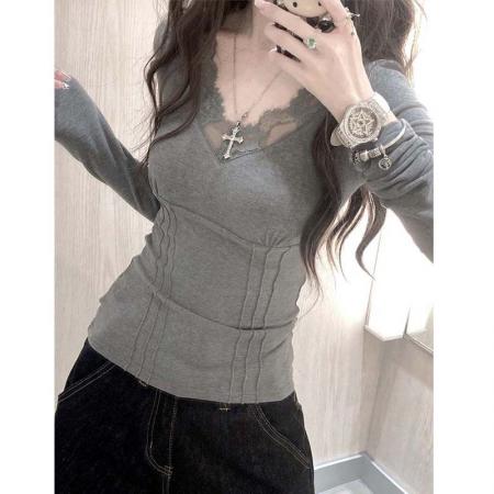 FA47623# 人棉秋辣妹T恤蕾丝拼接漏背v领打底衫内搭纯欲上衣  服裝批發女裝批發服飾貨源