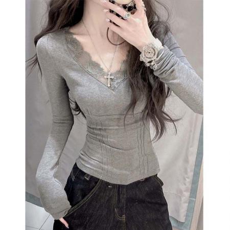 FA47623# 人棉秋辣妹T恤蕾丝拼接漏背v领打底衫内搭纯欲上衣  服裝批發女裝批發服飾貨源