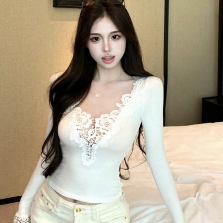 FA47624# 仿棉设计感拼接v领长袖T恤女秋修身内搭纯欲风打底上衣  服裝批發女裝批發服飾貨源