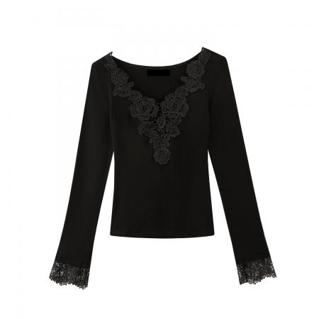 FA47624# 仿棉设计感拼接v领长袖T恤女秋修身内搭纯欲风打底上衣  服裝批發女裝批發服飾貨源