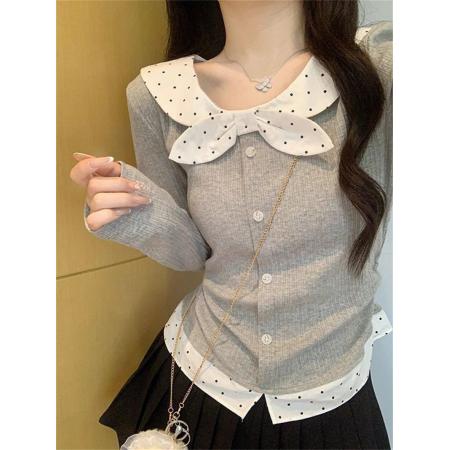 FA47625# 随心裁莫代尔韩系甜美蝴蝶结假两件上衣女T恤  服裝批發女裝批發服飾貨源