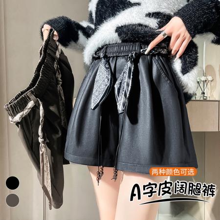 FA47627# 秋冬新款高腰A字短裤靴裤软皮休闲裤女PU皮阔腿裤  服裝批發女裝批發服飾貨源