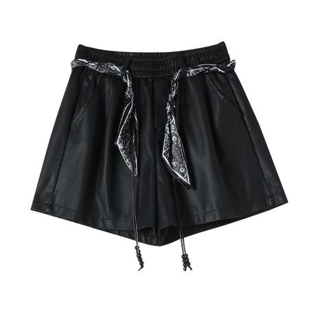 FA47627# 秋冬新款高腰A字短裤靴裤软皮休闲裤女PU皮阔腿裤  服裝批發女裝批發服飾貨源