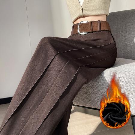 FA47633# 秋冬新款休闲直筒拖地休闲裤女加绒毛呢裤西装阔腿裤  服裝批發女裝批發服飾貨源