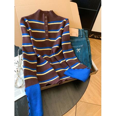 FA47636# 慵懒条纹针织衫半开领修身打底衫秋季百搭羊毛软糯上衣女  服裝批發女裝批發服飾貨源