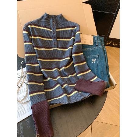 FA47636# 慵懒条纹针织衫半开领修身打底衫秋季百搭羊毛软糯上衣女  服裝批發女裝批發服飾貨源